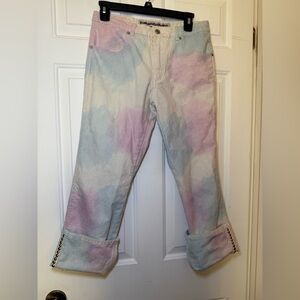 Parasuco Pink & Blue Sparkle Tie Dye Denim Capri Jeans Studded Cuffs Sz 29 Y2K